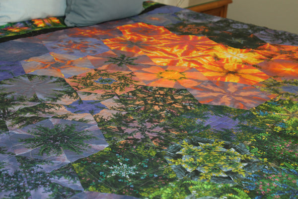 Modern octagonal woodland panel handmade artistic bed size quilt | Bear Quilt | Black Bed Quilt | Nature Quilt | Two Sided Quilt |Home Decor - Quilts a la Mode