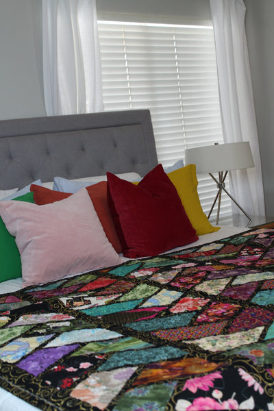 Japanese style multicolor quilt | Geometric Japanese Quilt | Homemade Quilt | Throw Quilt | Home Decor | Black Quilt | Wedding Gift - Quilts a la Mode