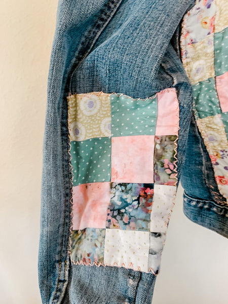 Spring Floral Patchwork Repurposed XL Jean Jacket - Quilts a la Mode