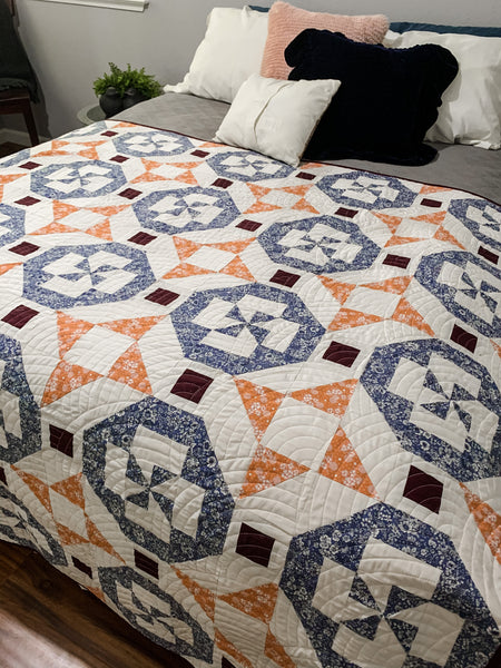 Juniper Quilt in Blue and Coral - Quilts a la Mode