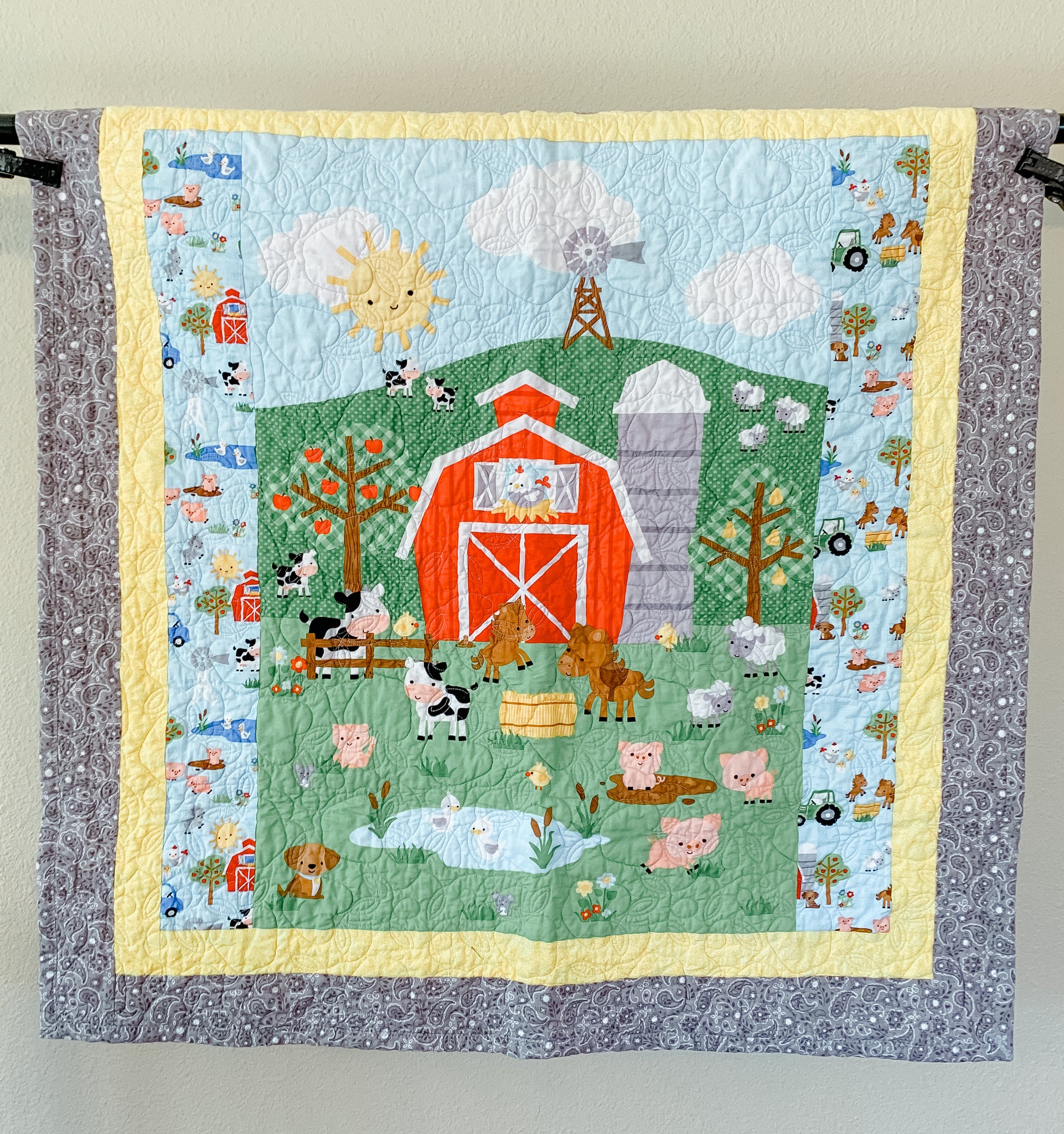 Red Barnyard with Grey Accents Baby/Crib Quilt - Quilts a la Mode