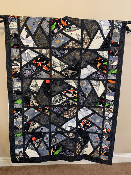 Black Asian inspired throw sized two sided quilt - Quilts a la Mode