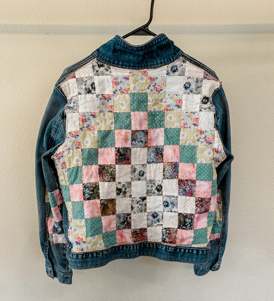 Spring Floral Patchwork Repurposed XL Jean Jacket - Quilts a la Mode