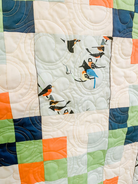 Blue Green Mid Century Modern Bird Throw Quilt - Quilts a la Mode