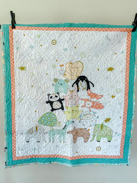 Teal and Orange Baby Animal Pyramid Baby Quilt - Quilts a la Mode