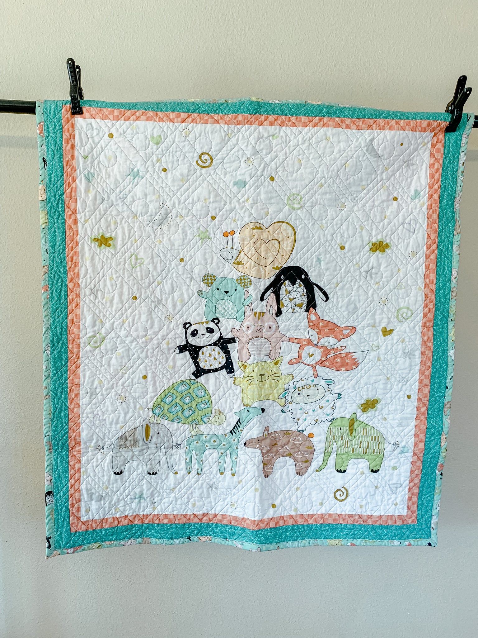 Teal and Orange Baby Animal Pyramid Baby Quilt - Quilts a la Mode